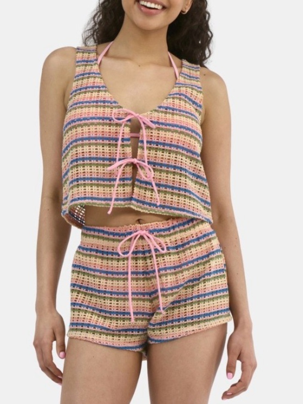 Celebrity Pink Two Piece Set Pastel Striped Crochet Shell Cover-Up Size S 4-6